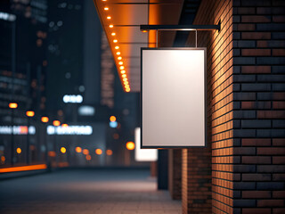 Blank vertical sign hanging on a brick wall at night with blurred city lights in the background
