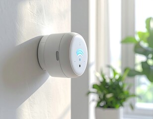 Circular, white electronic device attached to a textured white wall