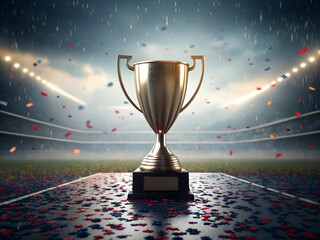 Golden champion trophy on podium with confetti and stadium lights celebrating victory