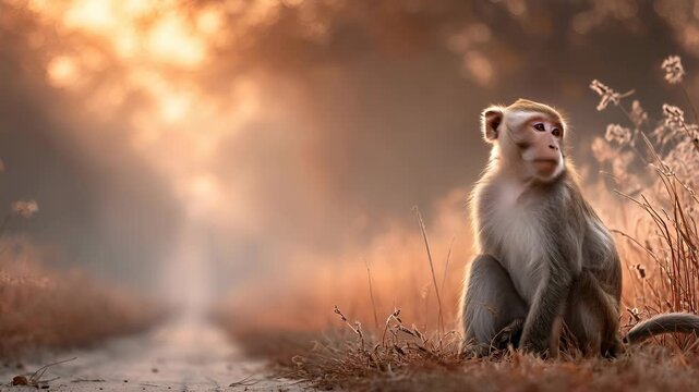 Curious Monkey Sitting on a Rural Dirt Path, Looking Upwards in Beautiful Warm Backlight at Sunset or Sunrise