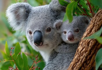 Naklejka premium a koala bear with baby koalas on its back, sitting on a tree branch