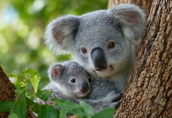 Obraz premium a koala bear with baby koalas on its back, sitting on a tree branch