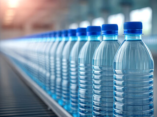 Row of clear plastic water bottles with blue caps on a conveyor belt in a factory