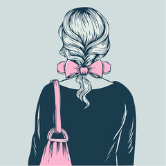 braided back portrait with large pink bow and matching sling bag on cool blue field; product mockup or listing art for bows, handbags, and hair accessories