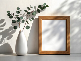 Minimalist wooden picture frame and white vase with eucalyptus branches casting shadows on wall