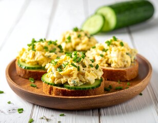 Egg salad sandwiches with cucumber slices on a wooden plate with whole cucumber