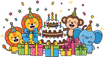 Cartoon animals celebrating birthday party with cake, gifts, balloons, confetti, festive hats, joyful atmosphere, perfect for children party invitations