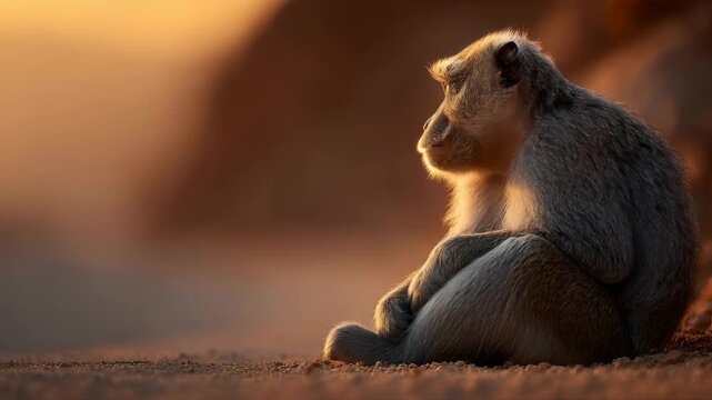 Curious Monkey Sitting on a Rural Dirt Path, Looking Upwards in Beautiful Warm Backlight at Sunset or Sunrise