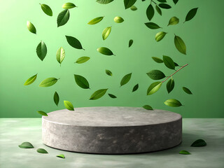 Natural stone pedestal with falling green leaves against a soft green background