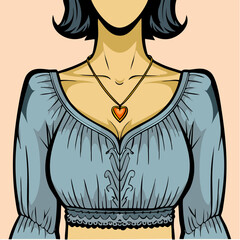 ruched blue crop top with gold heart pendant on peach field; portfolio piece for character designers, illustrators, and apparel mockups