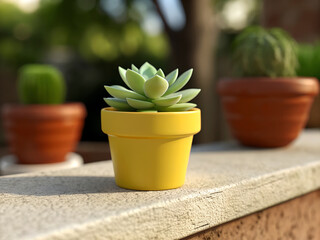 Close up of a vibrant yellow pot holding a healthy succulent plant outdoors on a sunny day