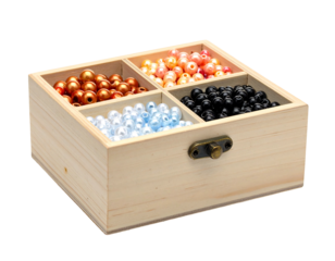 Wood box with four sections, filled with assorted colored round beads, isolated against a black background