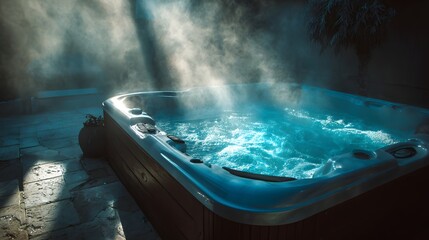 Illuminated outdoor spa tub emits thick steam into the cool night air