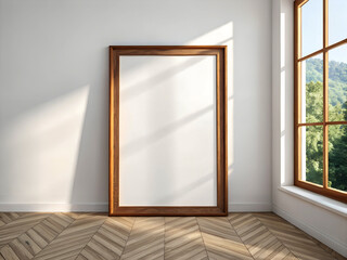 Empty wooden framed mirror leaning against a white wall with sunlight streaming through a window