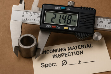 Digital caliper measuring metal part for quality control manufacturing industry ensuring precise inspection and high standard quality control