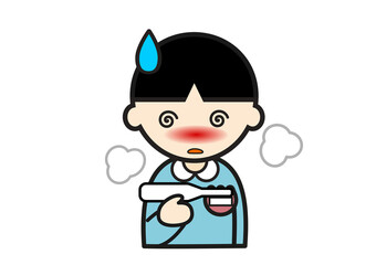 体温計を持った発熱した幼稚園児の男の子