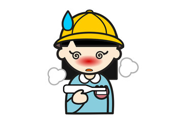 体温計を持った発熱した帽子をかぶった幼稚園児の女の子