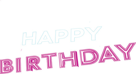 Colorful happy birthday text vector illustration with festive typography design, pink and blue outlined letters, celebration greeting card, party decoration artwork