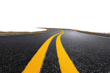 Fototapeta premium Winding asphalt road with yellow double lines against black background highway street, Png, Isolated on Transparent Background, Cut Out