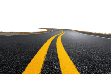 Winding asphalt road with yellow double lines against black background highway street, Png, Isolated on Transparent Background, Cut Out