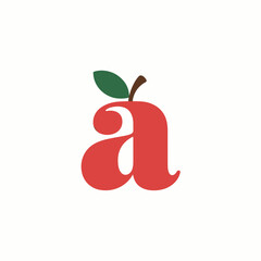 Creative lowercase letter a designed as a red apple with a green leaf