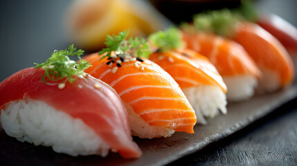 Tuna and salmon nigiri sushi with sesame and herbs