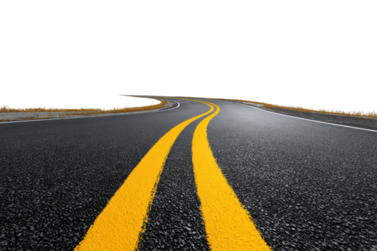 Winding asphalt road with yellow double lines against black background highway street, Png, Isolated on Transparent Background, Cut Out - Powered by Adobe