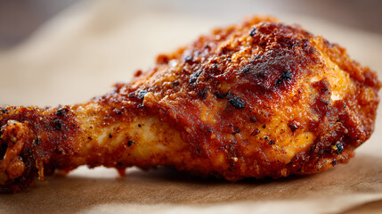 Crispy fried chicken drumstick on brown paper