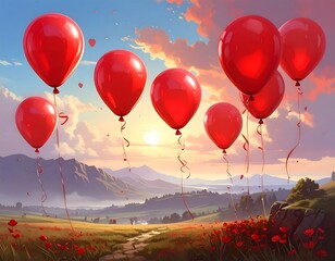 Eight red balloons float over a field of red flowers at sunset