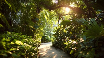 Sunlight filters through dense, lush tropical foliage bordering a winding pathway.