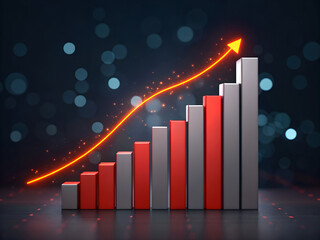 3d bar graph with rising orange arrow indicating financial growth and positive economic trends
