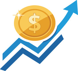 Golden coin with dollar sign and upward arrow vector illustration, financial growth concept, economic improvement design, investment success, business profit artwork