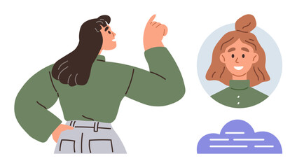 Obraz premium Woman pointing confidently while explaining or brainstorming. Profile headshot in circular frame and conceptual cloud. Ideal for communication, teamwork, leadership, mentor feedback