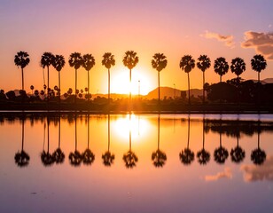 Dramatic golden sunset behind a row of silhouetted palm trees reflected in water