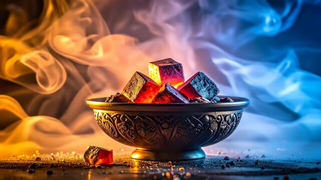 Close up of glowing charcoal cubes in a bowl with colorful smoke.