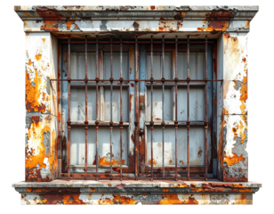 Worn window with bars and peeling paint, aged and weathered against a black background
