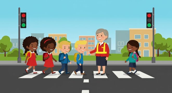 Children crossing a street with the help of a crossing guard for safety