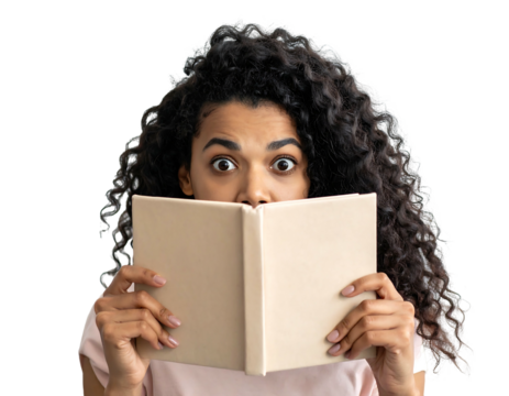 Young woman hides face behind a book, eyes wide in surprise, against transparent dark background - Powered by Adobe