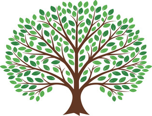Vibrant green tree illustration with thick trunk, branching limbs, symmetrical foliage, natural growth design, eco friendly botanical vector artwork