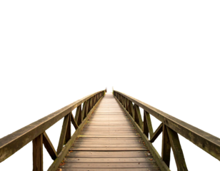 Wooden bridge receding into dark void. Path made of planks with rails. Vanishing point, perspective, outdoors