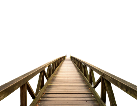 Wooden bridge receding into dark void. Path made of planks with rails. Vanishing point, perspective, outdoors