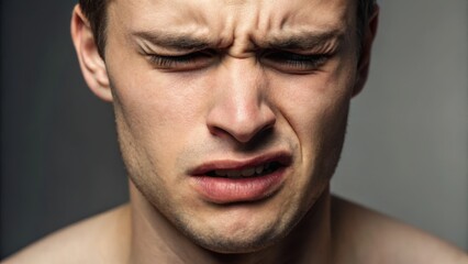 Obraz premium A pained man grimaces, expressing strong emotions. His face shows distress, highlighting vulnerability and raw human experience.