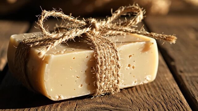 Soap Bar with Twine Presentation - A simple bar of soap is wrapped in burlap and tied with twine. It sits on a rustic wooden surface in natural light.