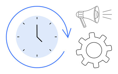Clock surrounded by arrow symbolizes time, gear suggests process and efficiency, megaphone conveys communication. Ideal for time efficiency, project planning, teamwork, workflow, productivity