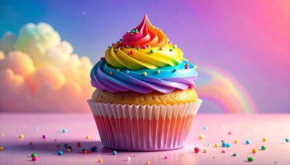 Delightful cupcake topped with rainbow frosting, with colorful sprinkles and a whimsical background
