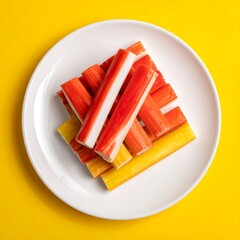 Close-up of imitation crab sticks arranged on a white plate over yellow backdrop