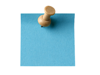 Square Blue Note Pinned with Wooden Thumbtack on Transparent Background For Office Reminder and Presentation, PNG