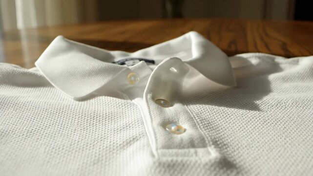 White Polo Shirt Laid Out - A close-up shot shows a white polo shirt laid flat on a wooden table. The shirt features a buttoned placket and a crisp collar.