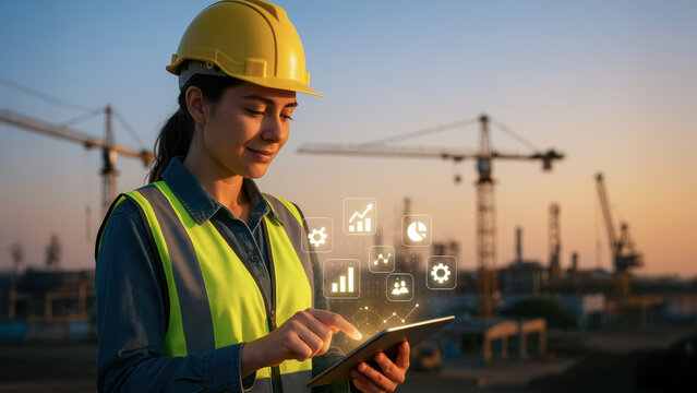 Young engineer wearing safety helmet and reflective vest using tablet on construction site at sunset with concept iso standards compliance quality control in integrated digital workflow