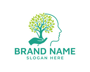 Green tree growing from a hand inside a human head silhouette, isolated on white background